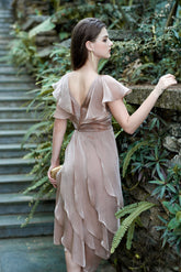 Alexandra V Neck Layered Ruffle Organza Midi Dress